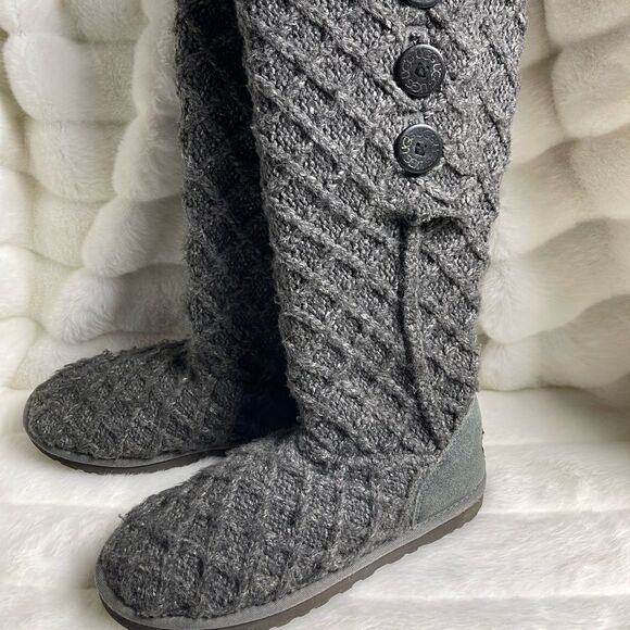 UGG Australia latice charcoal gray knit boots reversible knee high to short SZ9 - Picture 2 of 12